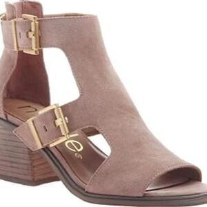 Nicole Women 8M Taupe Suede Cutout Block Heel Sandals Minimalist Quiet Luxury